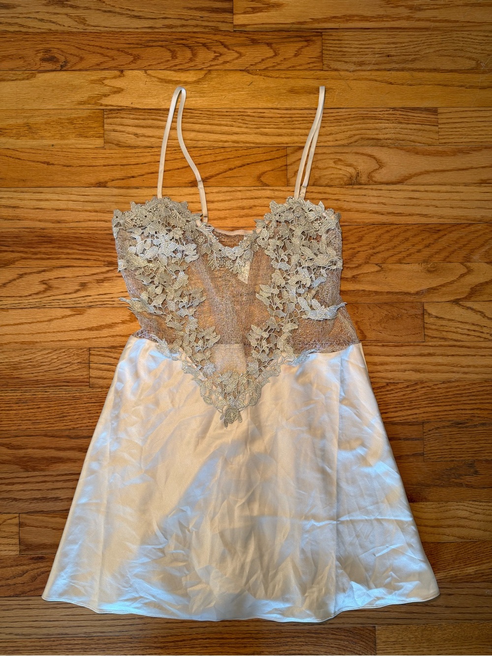 Flora Nikrooz White Satin Chemise with Lace Appliqué